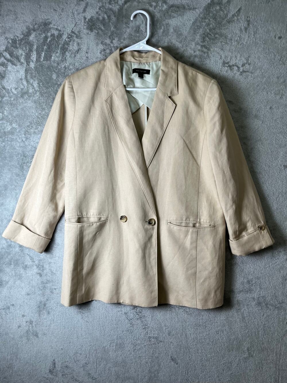 Ann Taylor Linen Blend Double Breasted Blazer Jacket Tan Roll Sleeve Large